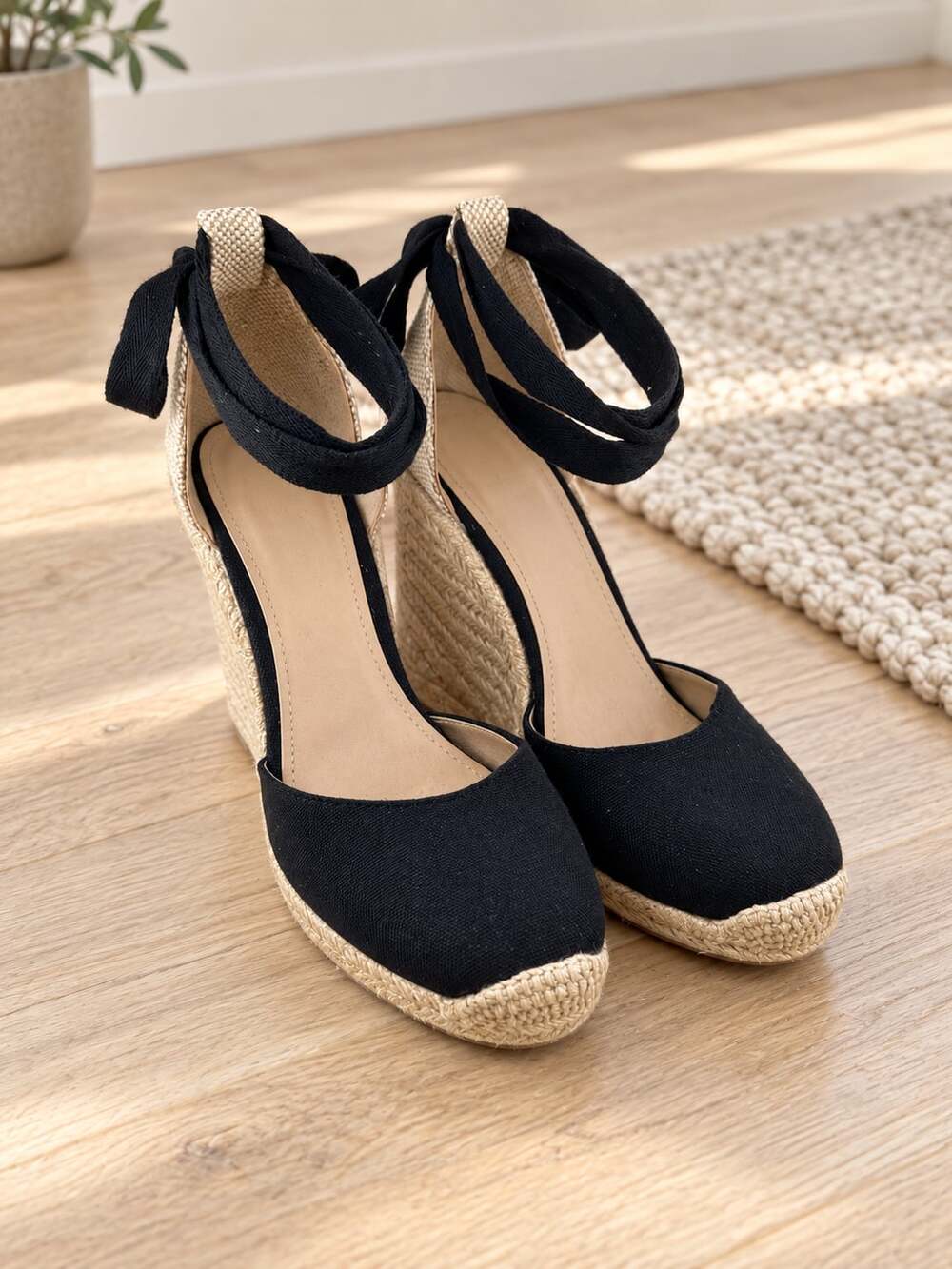 JustFab Jenala Black Espadrille Wedge Sandals Ankle Tie Closed Toe Size 8